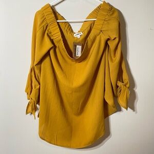 ee:some Sz L Off Shouler Tie Sleeve Mustard Yellow Women's Top